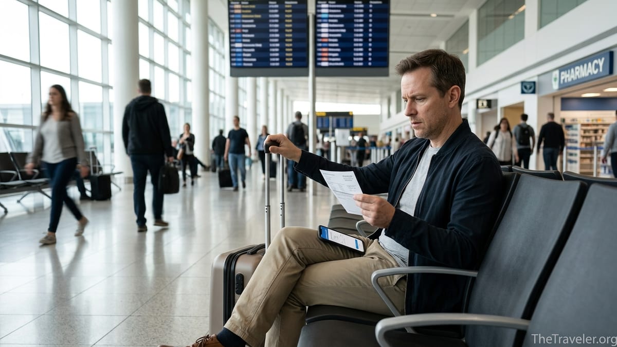 Traveler at an airport reviewing medical bills and insurance app on phone.