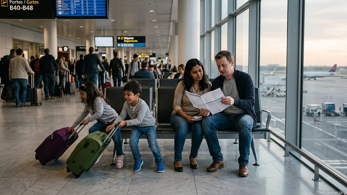 Family reviewing travel insurance documents in a busy international airport terminal.