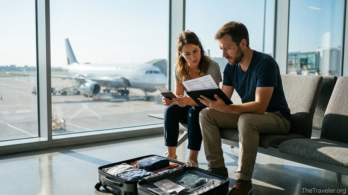 Travelers review insurance documents on a tablet in a bright airport lounge before boarding.