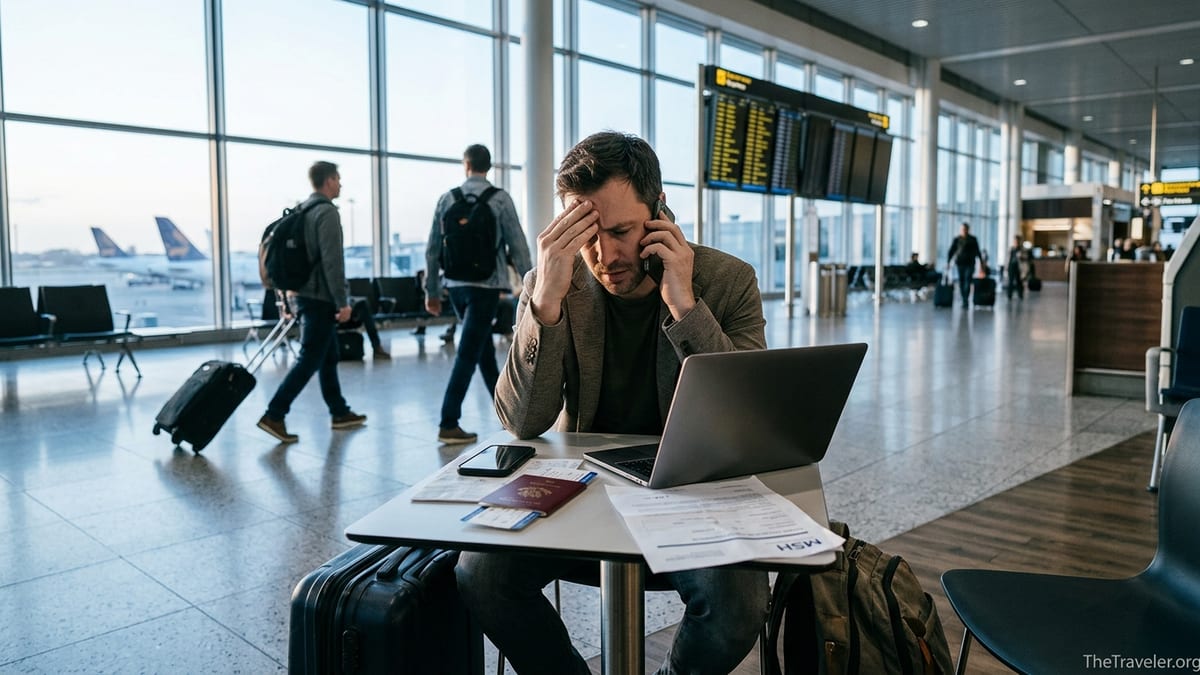 Concerned traveler in an airport lounge reviewing MSH travel insurance documents on a laptop and phone.