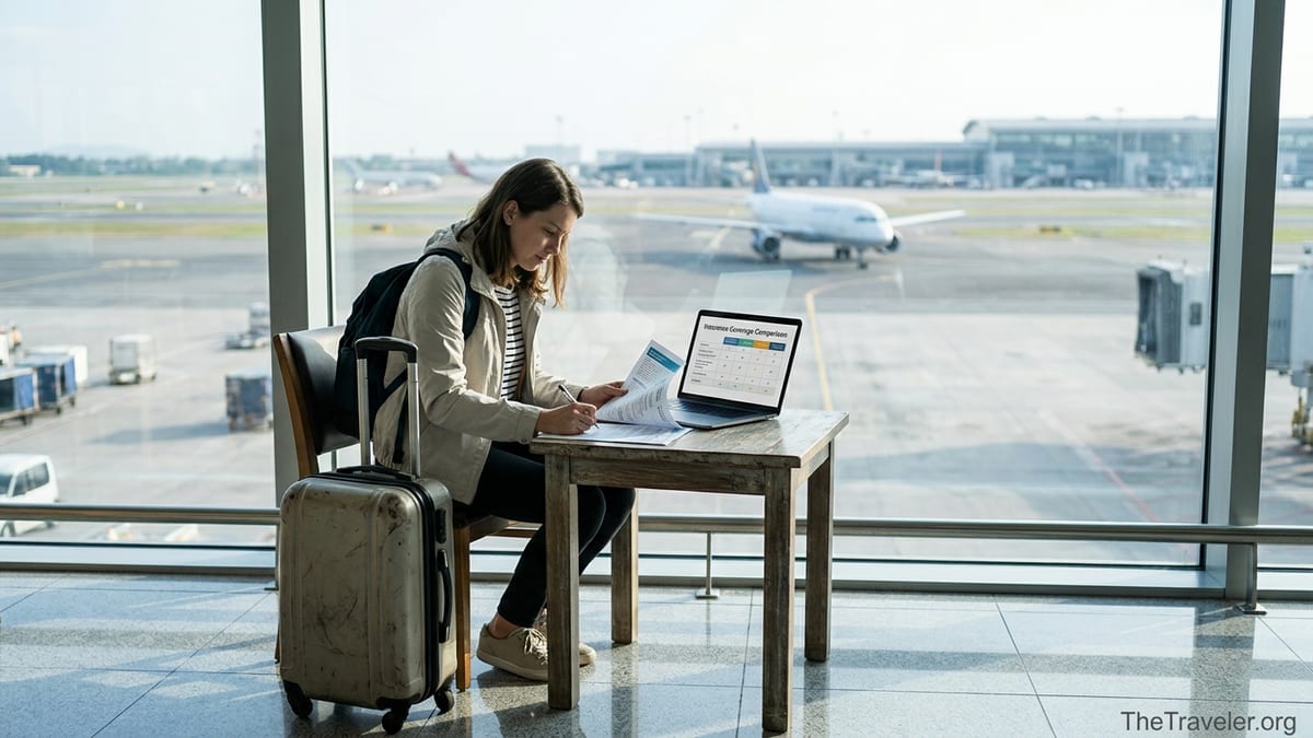 Traveler reviewing insurance papers by an airport window with luggage nearby.