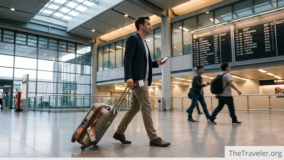 Frequent traveler walking through a bright airport terminal with carry on luggage at dawn.