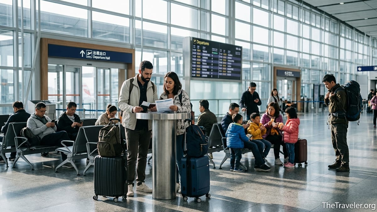 Travelers at an international airport reviewing documents near departures board.