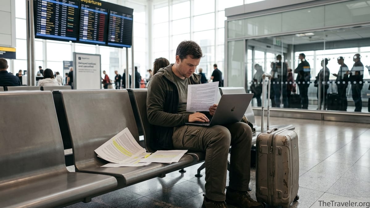 Traveller in an airport reading complex travel insurance documents beside their suitcase.