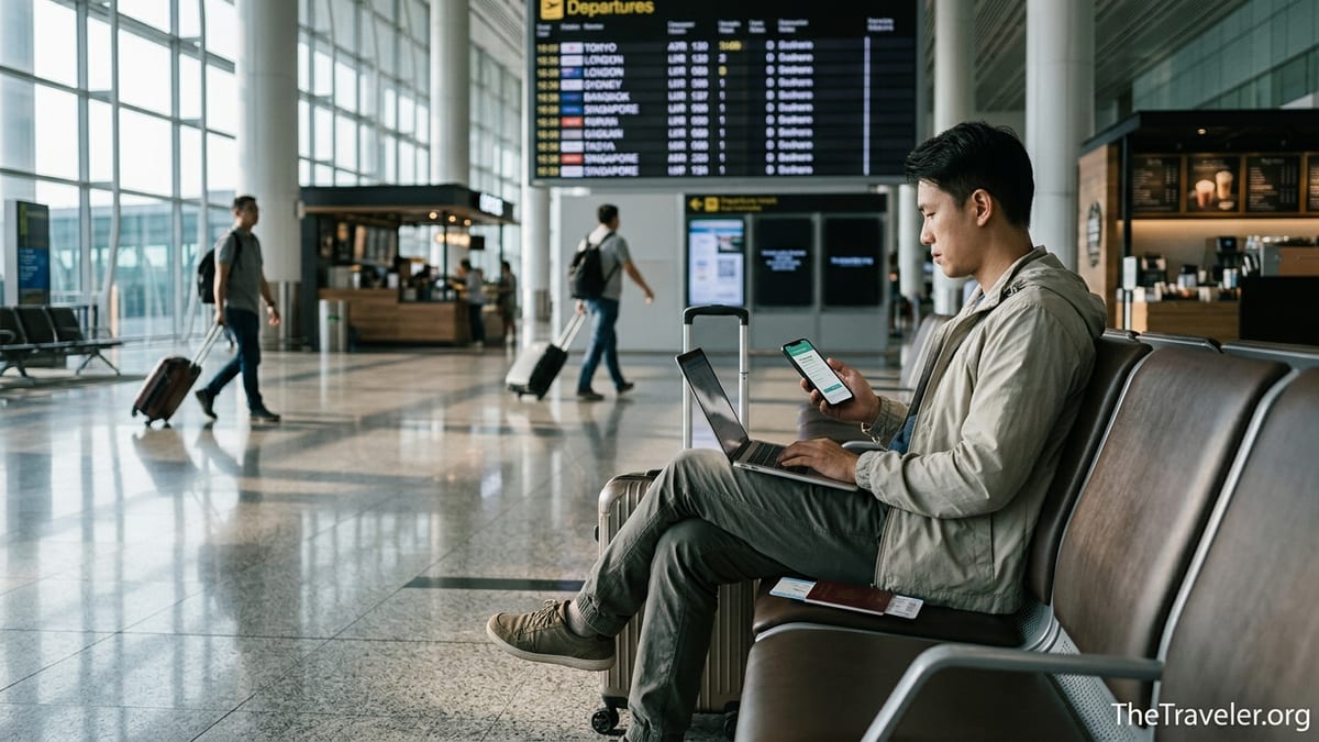 Traveler in an airport checking travel insurance details on a laptop before departure.