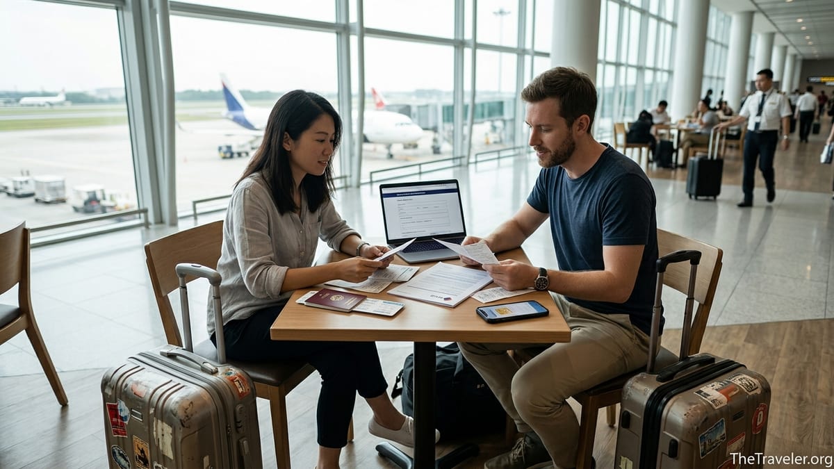 Two travelers review MSIG travel insurance documents at an airport before flying.