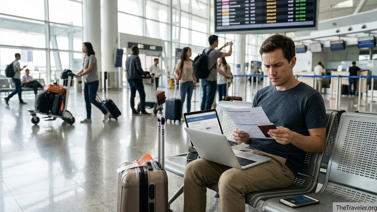Traveler at an Asian airport reviewing MSIG travel insurance documents beside delayed luggage.