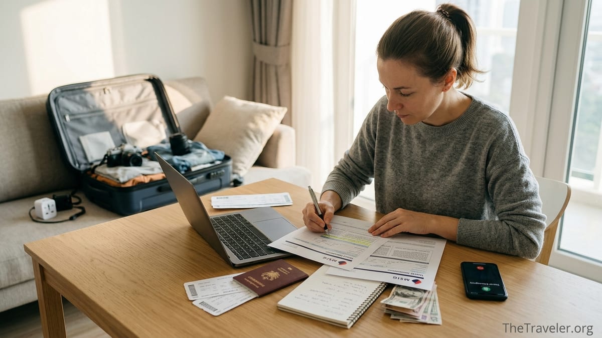 Traveler at home reviewing MSIG travel insurance documents while packing for a trip.