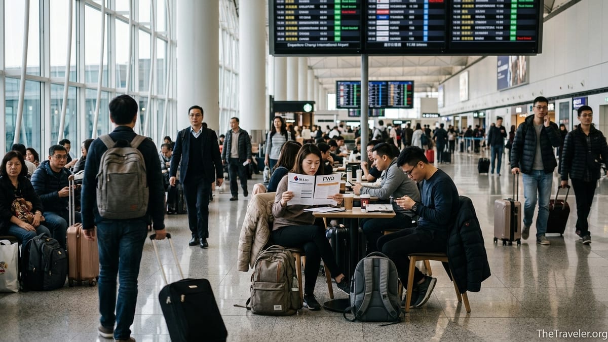 Travelers in an Asian airport comparing MSIG and FWD travel insurance documents.