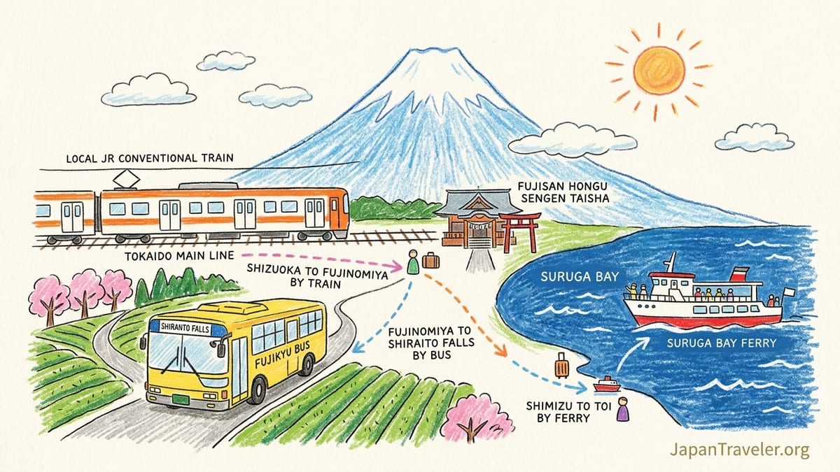 View of Mount Fuji from a train window near Shizuoka with fields and houses in foreground.