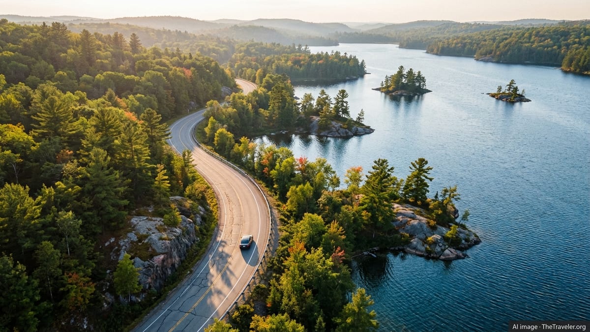 Aerial view of a car on a highway beside a forested Ontario lake at golden hour.