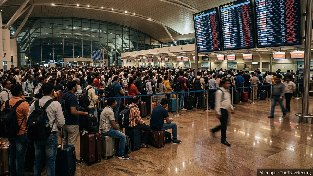 Crowded check-in hall at Mumbai airport with many stranded passengers and cancelled flights on departure boards.