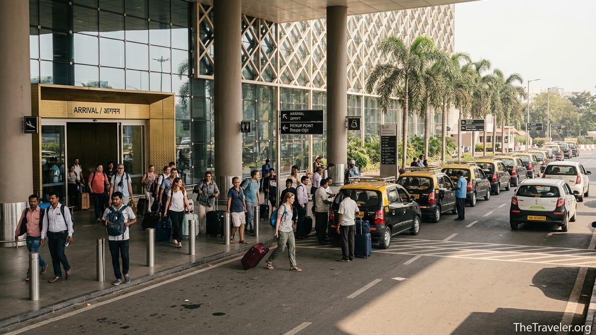 Travelers exit Mumbai Airport Terminal 2 toward taxi and rideshare pickup area.