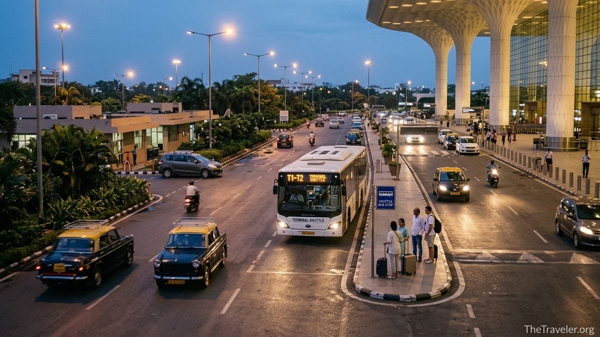 Travelers boarding the inter-terminal shuttle bus between Mumbai Airport T1 and T2 at dusk.