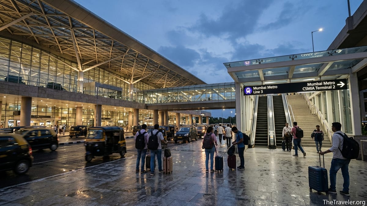 Travelers with luggage walking from Mumbai Airport T2 towards the Line 3 metro entrance in the evening.