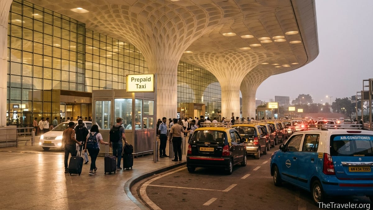 Prepaid taxi queue outside Mumbai Airport Terminal 2 at dusk with yellow-black cabs and travelers with luggage.