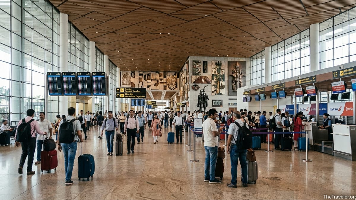 Busy departure hall at Mumbai Airport Terminal 2 with travelers and terminal signs