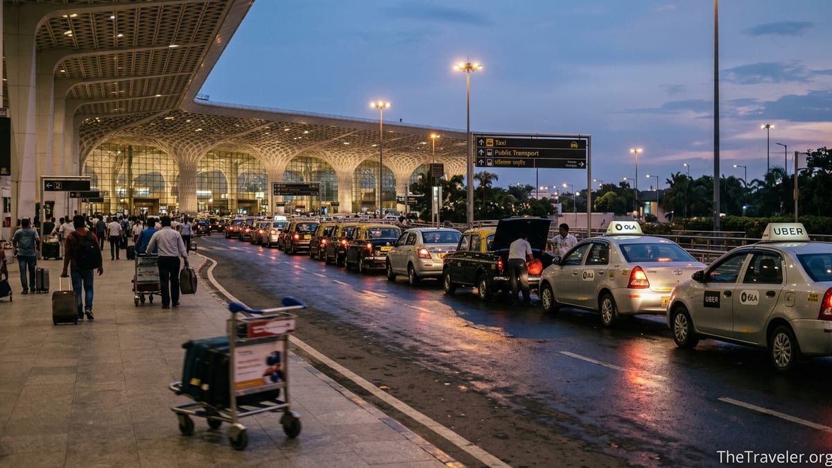 Taxi and cab queue outside Mumbai airport in the evening with travelers and luggage.