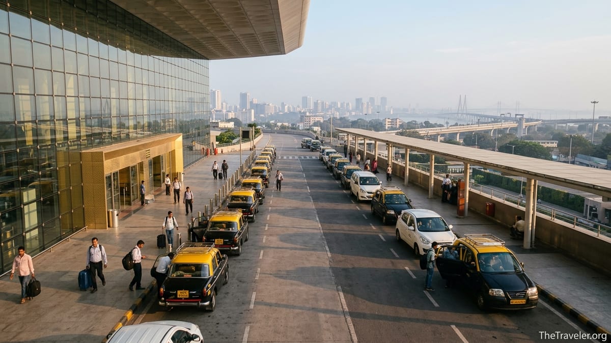Taxi and app cabs waiting outside Mumbai Airport terminal during early morning light.