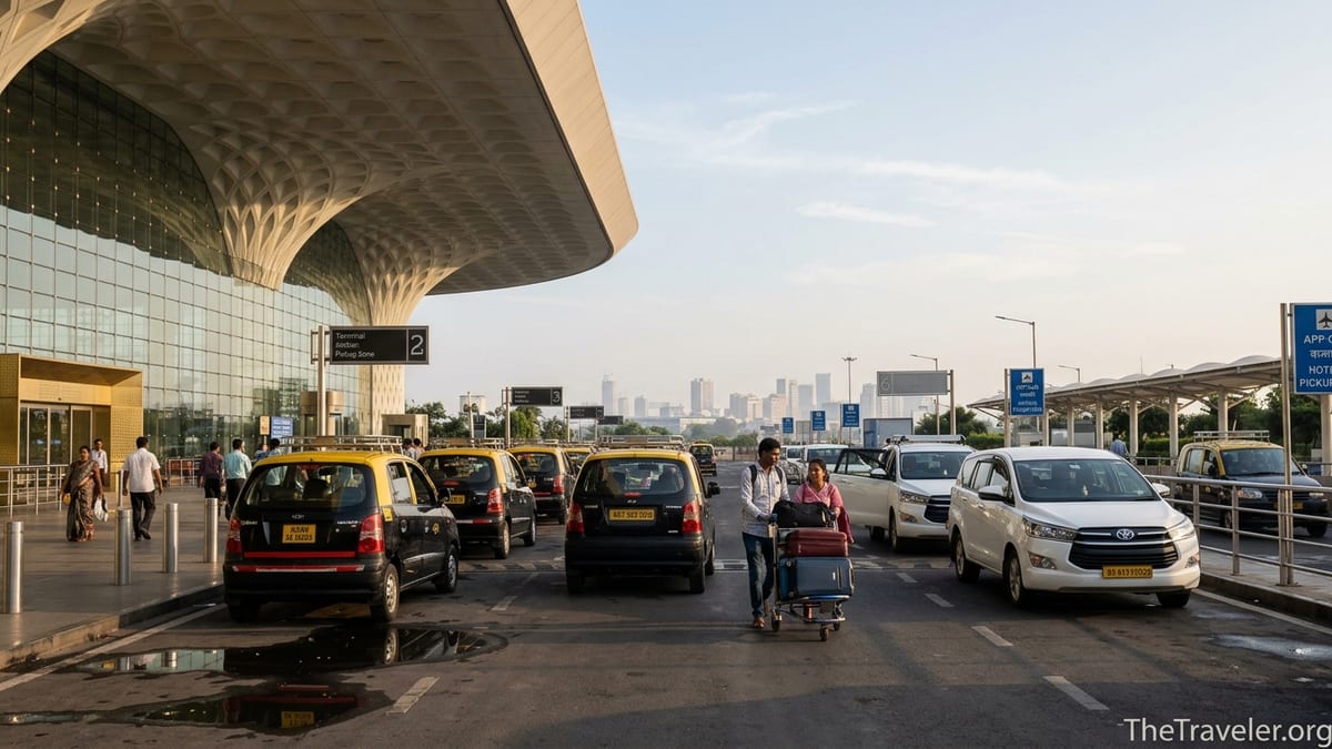 Travellers with suitcases boarding taxis outside Mumbai Airport Terminal 2 at sunrise.