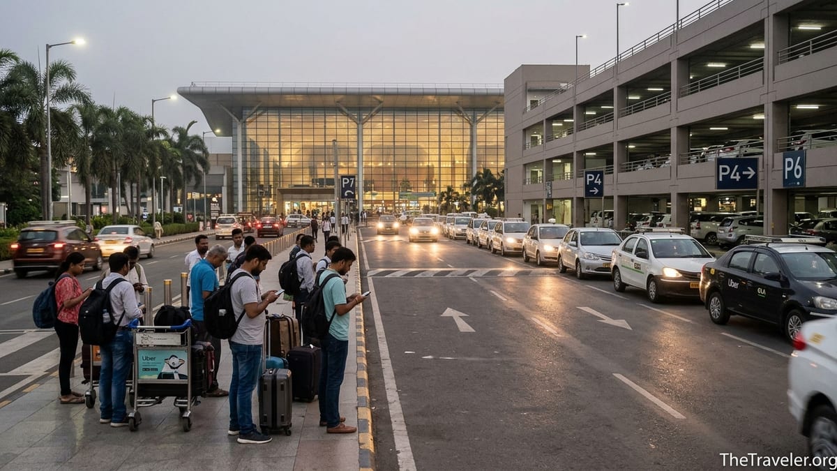 Travelers with luggage waiting at Mumbai Airport T2 Uber and Ola pickup lanes near multi-level parking.