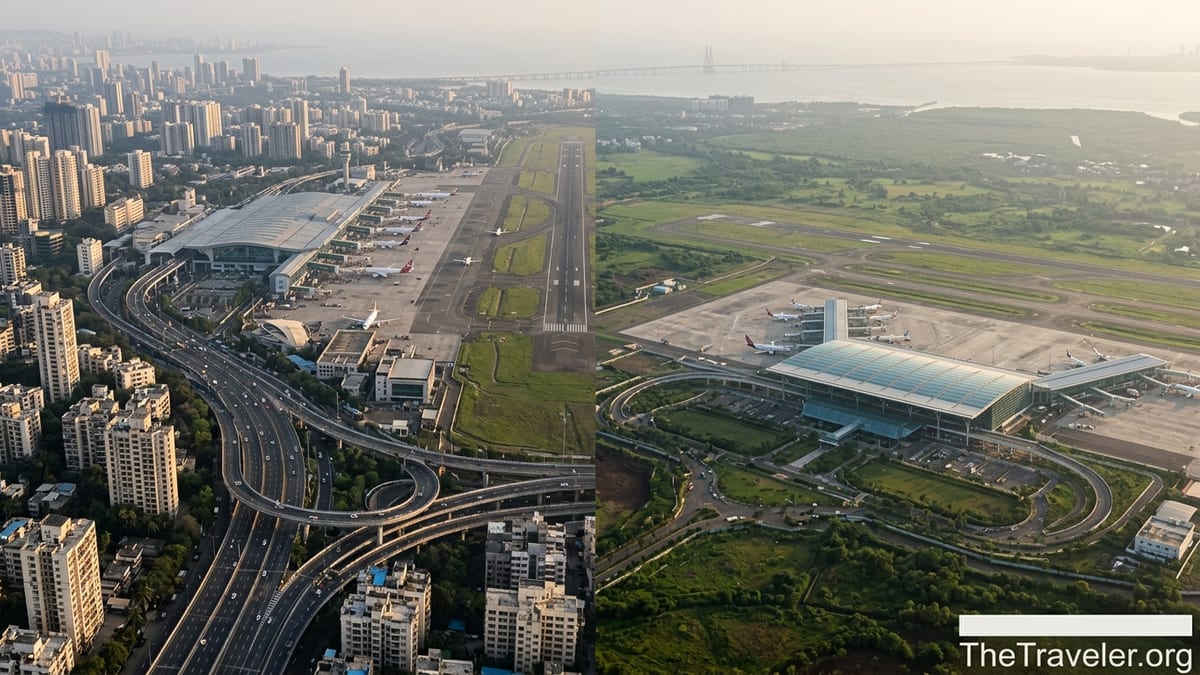 Aerial view showing Mumbai’s main airport amid dense city and the newer Navi Mumbai airport near greener outskirts.