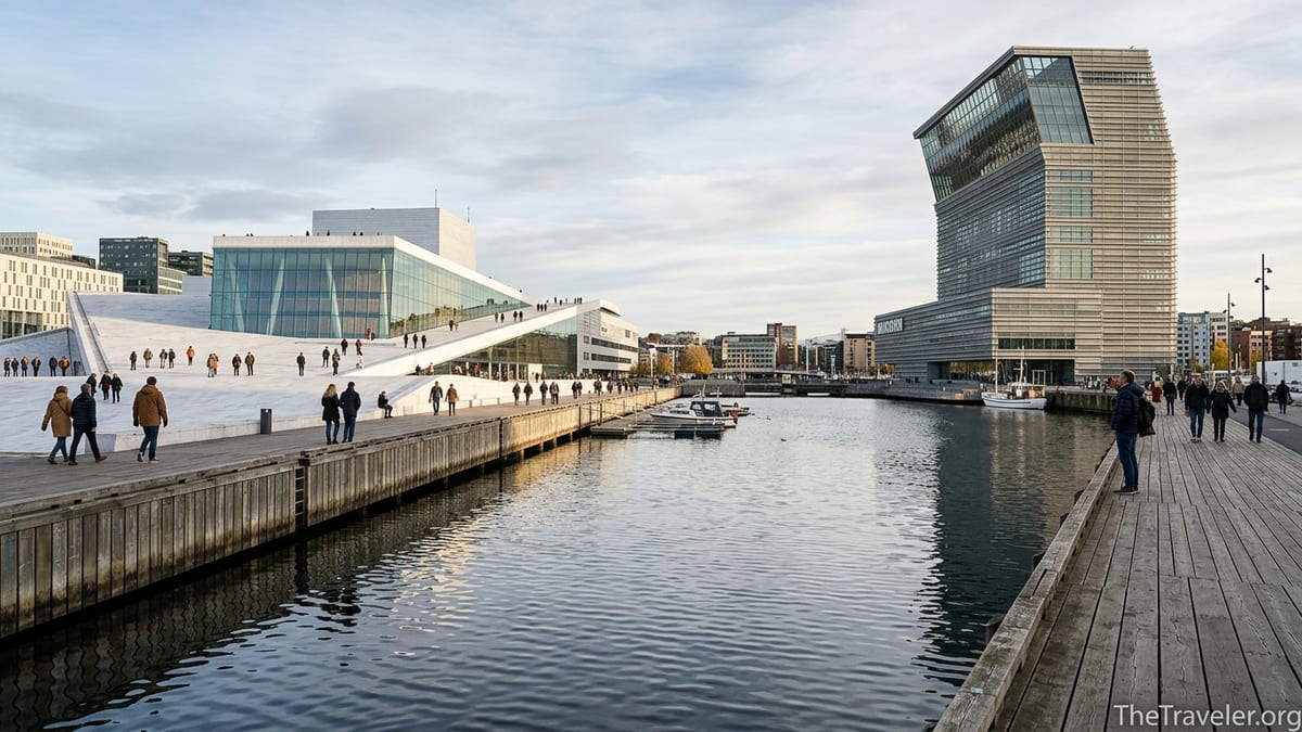 Oslo’s Munch Museum tower and Opera House overlooking the calm Bjørvika waterfront.
