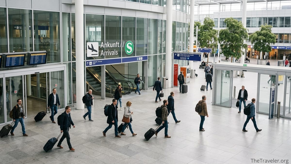 Arriving passengers walking through Munich Airport toward the train station signs.