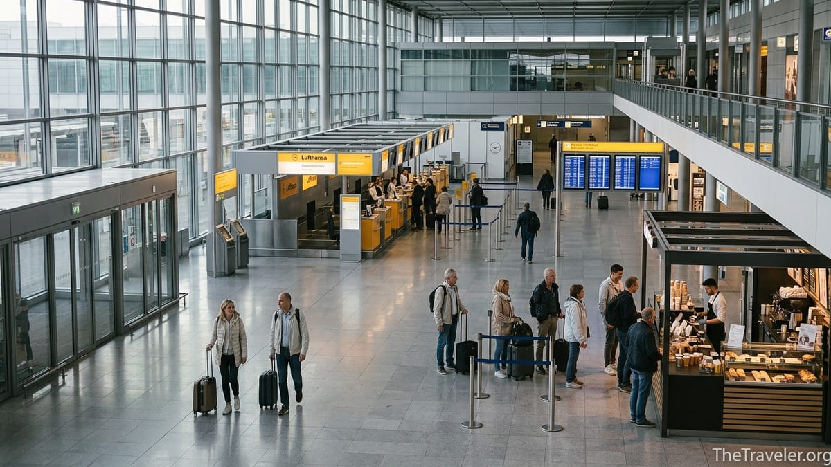 Departing passengers walking through Munich Airport Terminal 2 check in hall in soft morning light.