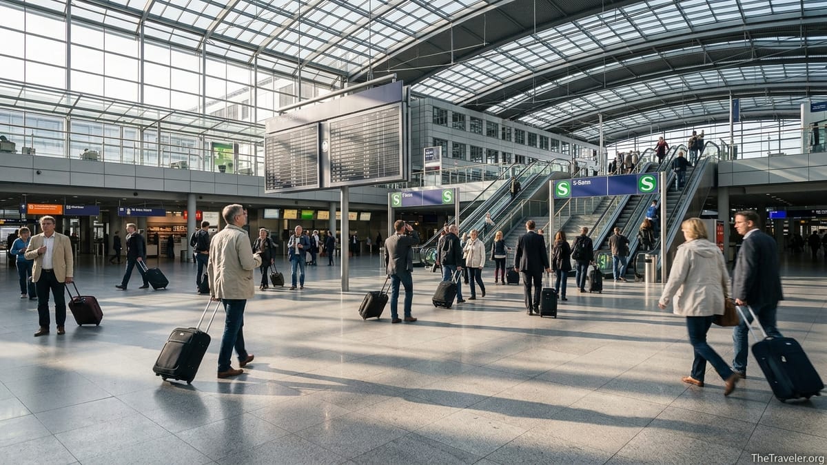 Travelers walking through the glass-roofed central hall of Munich Airport with signs to trains and terminals.