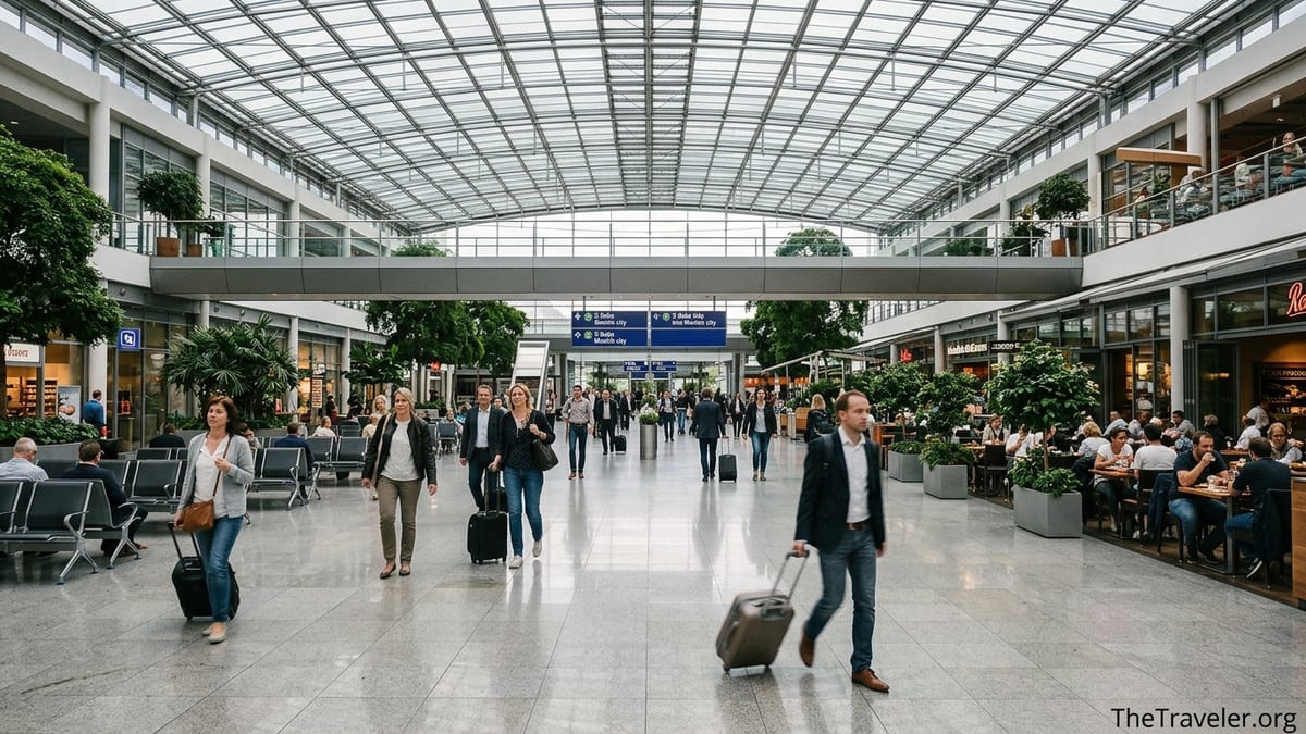 Travelers walking through Munich Airport’s glass-covered central plaza between terminals.