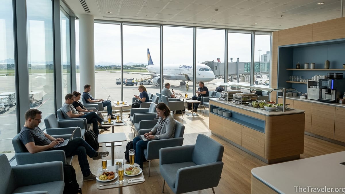 Interior of a Munich Airport lounge with travelers relaxing and a Lufthansa plane outside the window.