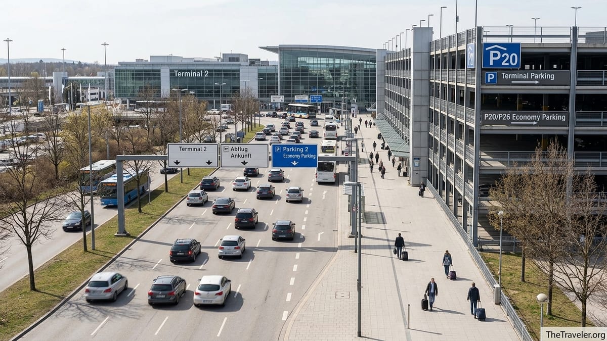 Cars approaching Munich Airport Terminal 2 with parking garage P20 and clear parking signage.