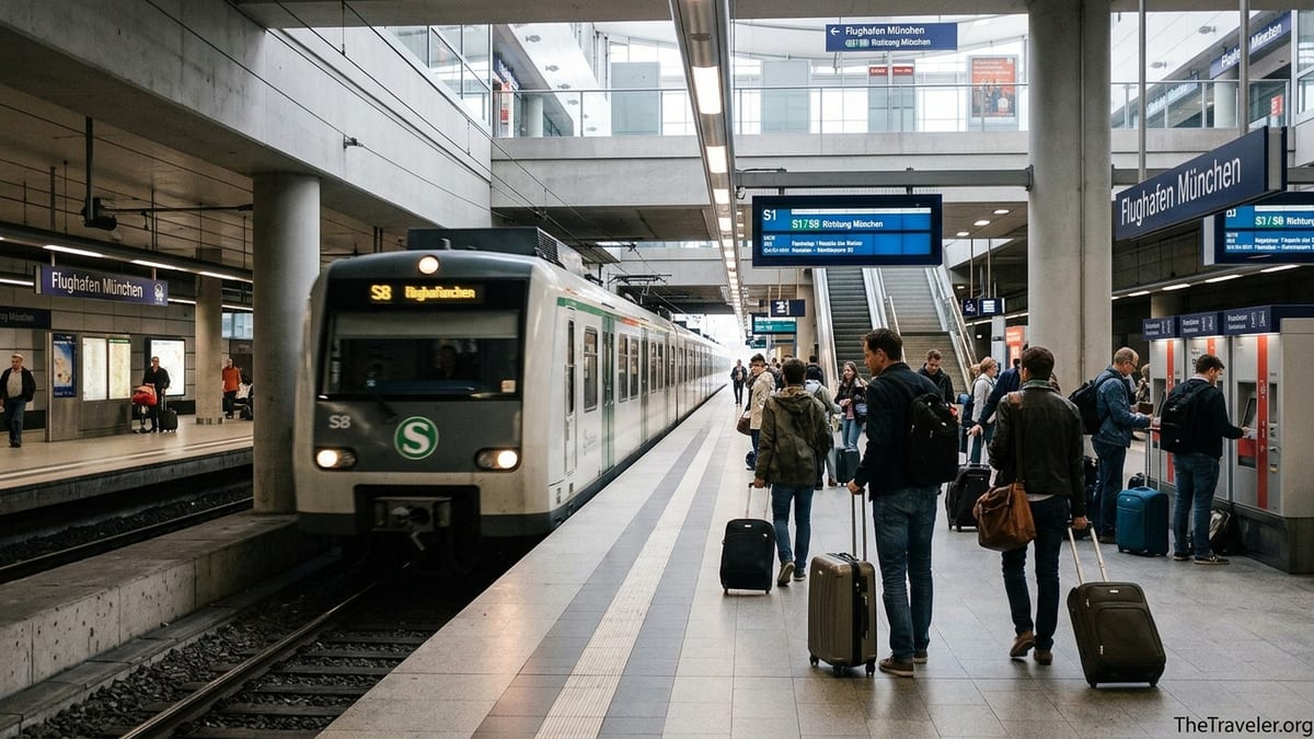 Passengers with luggage waiting for the S-Bahn S8 train at Munich Airport station.