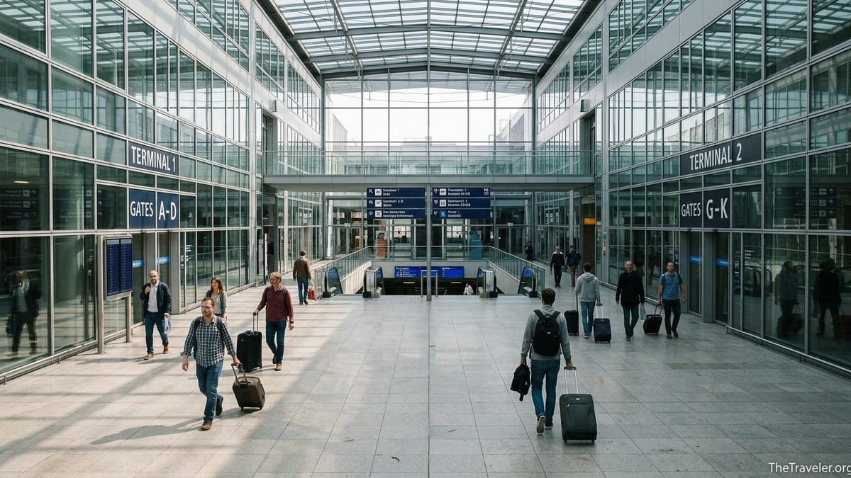 Travelers walking through Munich Airport Center between Terminal 1 and Terminal 2.