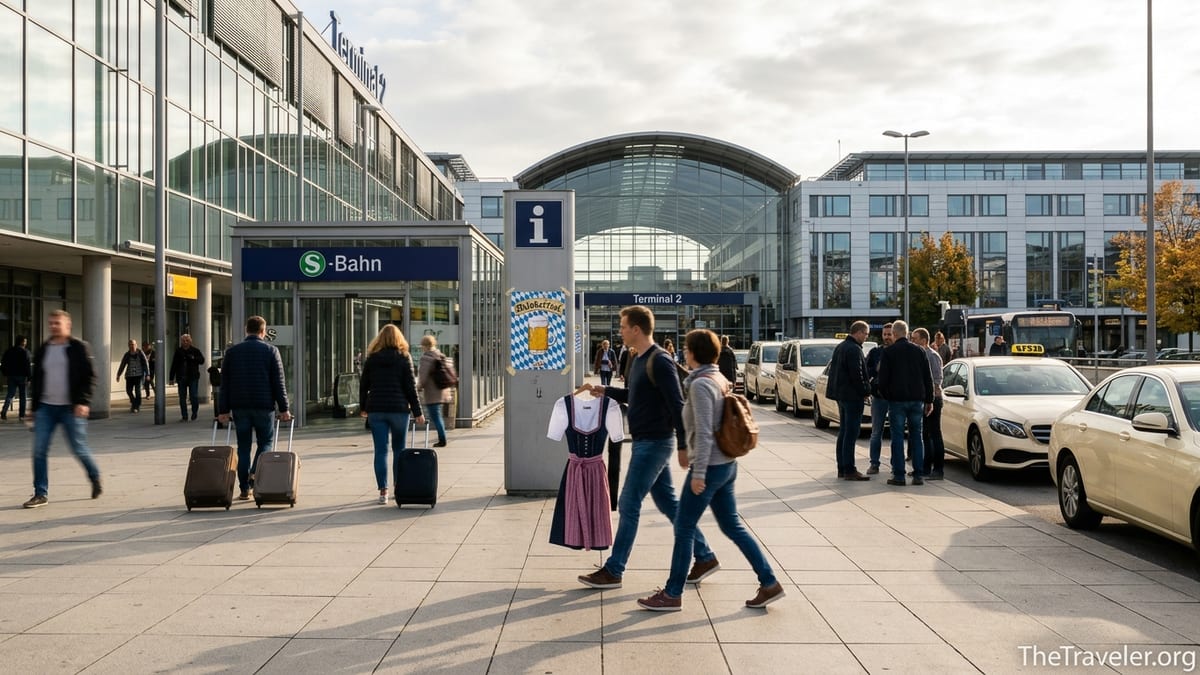 Travelers with luggage outside Munich Airport heading for trains and taxis to Oktoberfest.