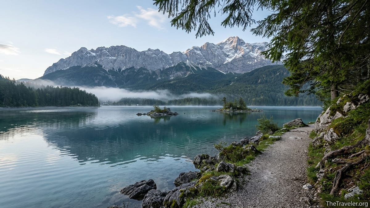 Morning view of Lake Eibsee reflecting the Zugspitze mountains in the Bavarian Alps.