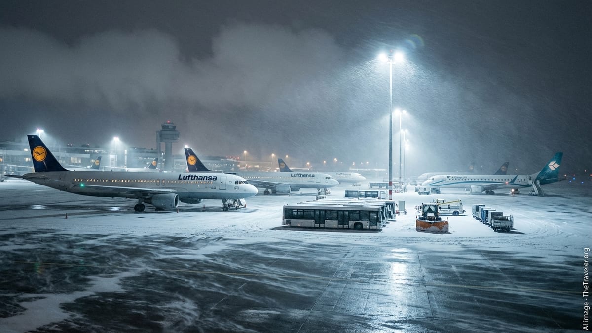 Snow-covered Munich Airport apron at night with grounded Lufthansa jets and passengers stuck onboard.
