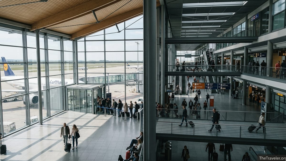 Interior view of a busy German airport terminal with Lufthansa aircraft at gate and passengers walking.