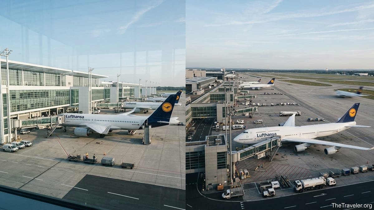 Apron view with Lufthansa aircraft at Munich and Frankfurt airport terminals in daylight