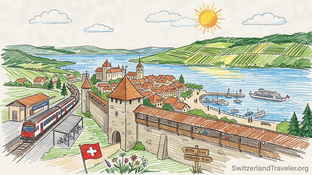 Medieval ramparts and old town of Murten overlooking Lake Murten at golden hour.