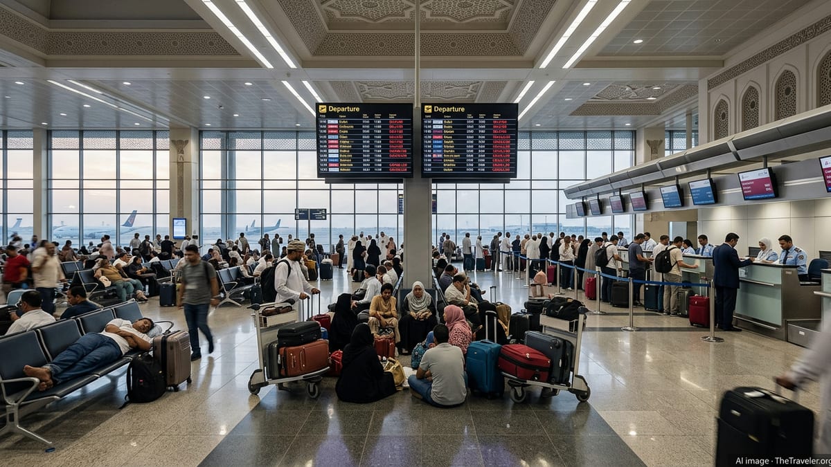Crowded Muscat airport departure hall with stranded passengers and delayed flight boards.