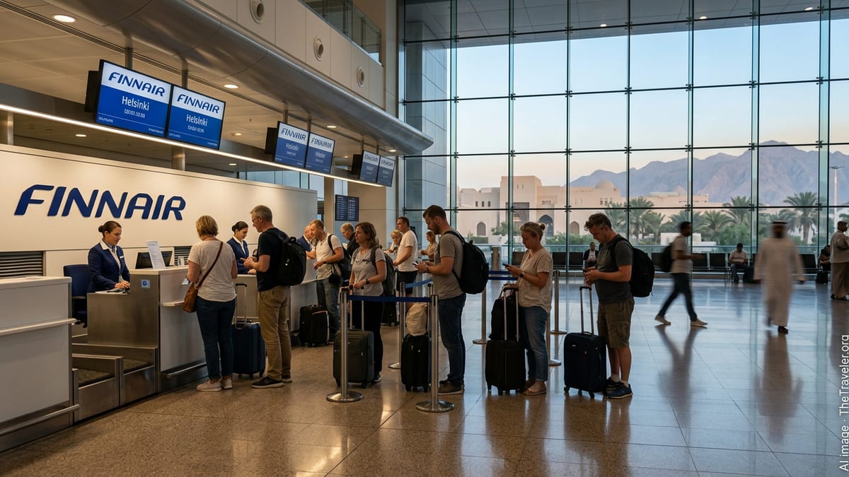 Stranded passengers queue at a Finnair check-in desk in Muscat airport at dawn.