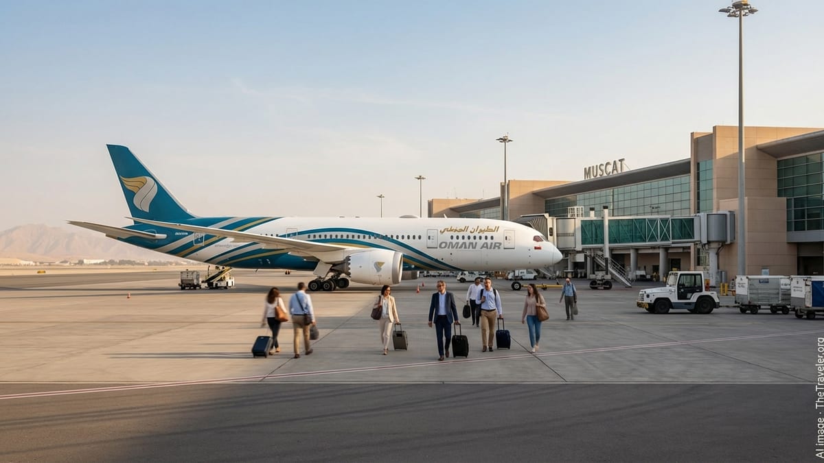 Oman Air jet at Muscat airport gate at sunrise with passengers walking toward boarding bridge.