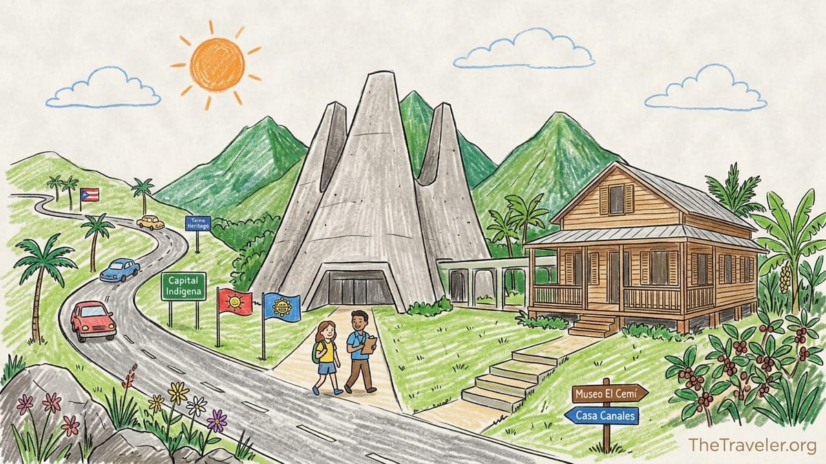 Three-pointed Museo El Cemí building in Jayuya with mountains in the background.