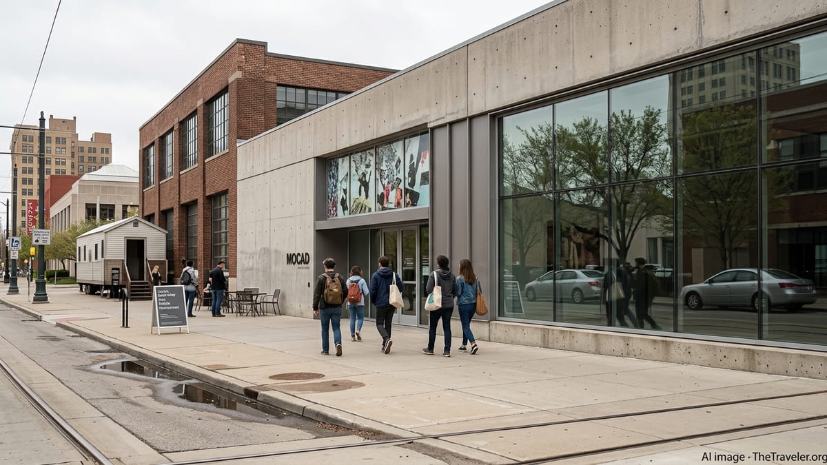 Exterior view of Museum of Contemporary Art Detroit with visitors approaching the entrance in Midtown.