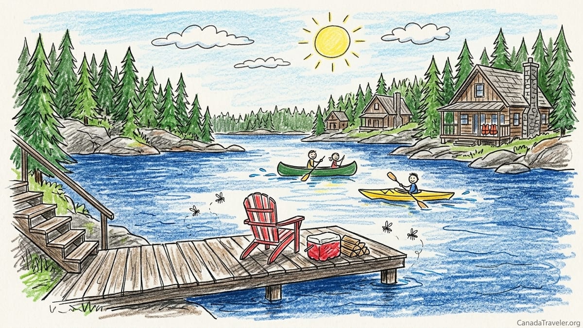 Misty Muskoka morning with a canoe on a dock and two red chairs beside a quiet Ontario lake.