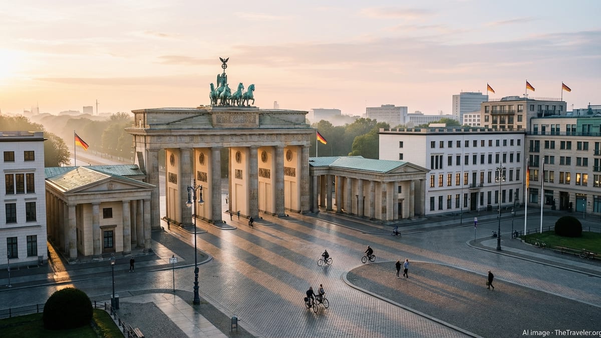 Brandenburg Gate in Berlin at sunrise with soft light, few people and long shadows on the square.