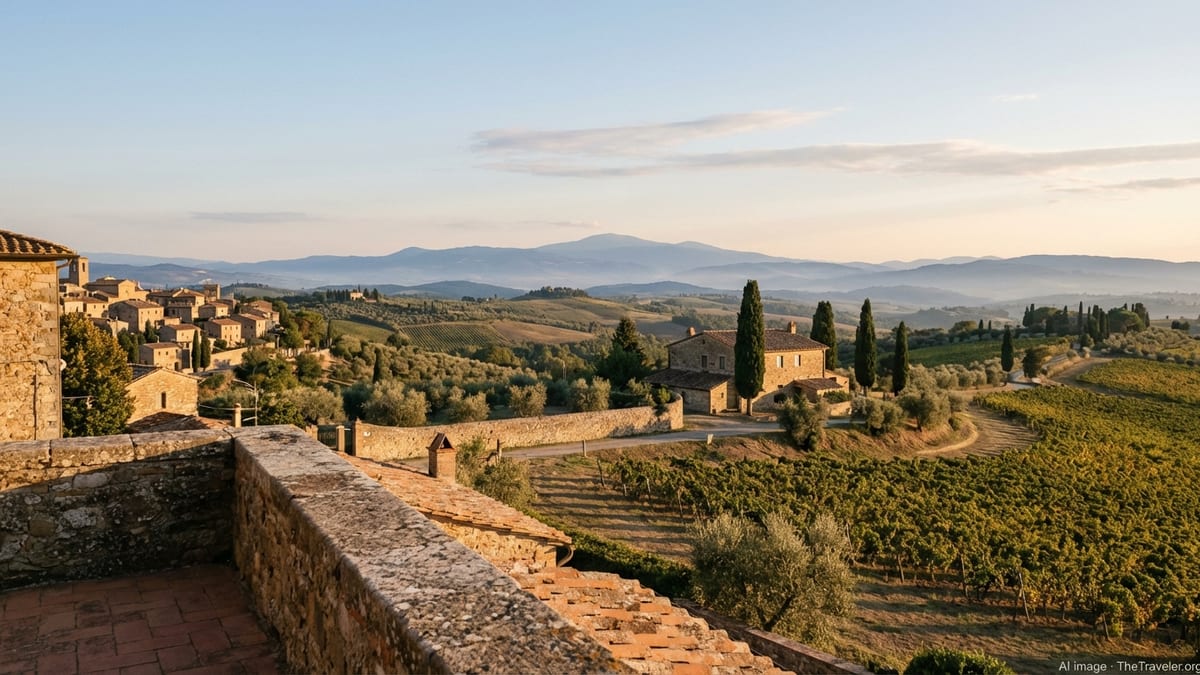 Golden hour view over Tuscan vineyards, cypress trees and a hill town with terracotta rooftops.