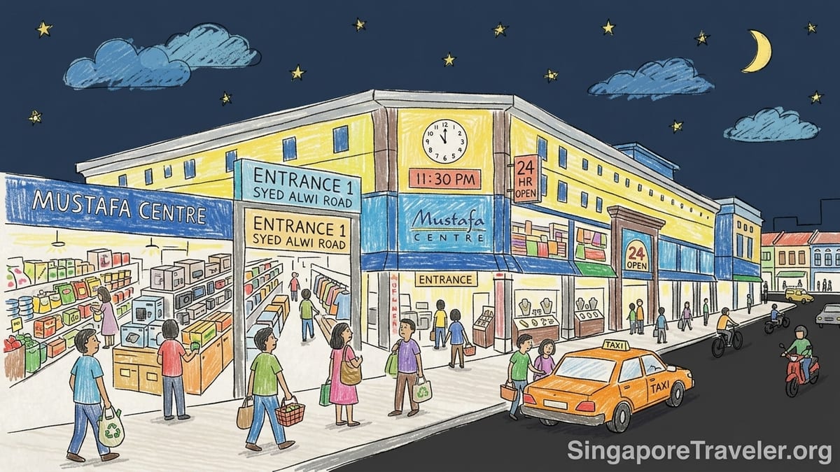 Late-night street scene outside Mustafa Centre in Little India, Singapore, with shoppers entering the 24-hour megastore